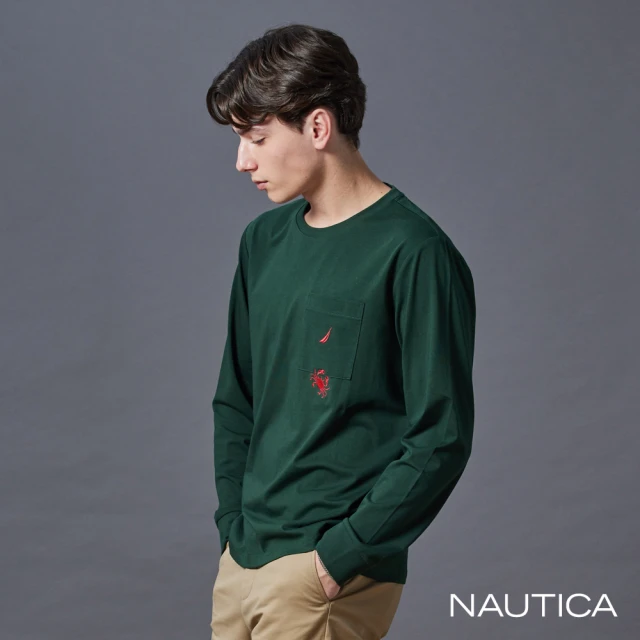 NAUTICA 官方旗艦 男裝 螃蟹刺繡口袋涼感長袖T恤(綠色)