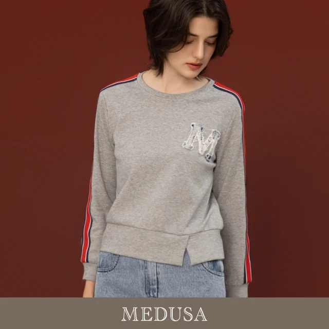 MEDUSA 曼度莎 現貨-紅藍織帶壓邊牛仔拼接上衣（M-XL）｜女大學T 女長袖T恤 休閒上衣(501-7360A)