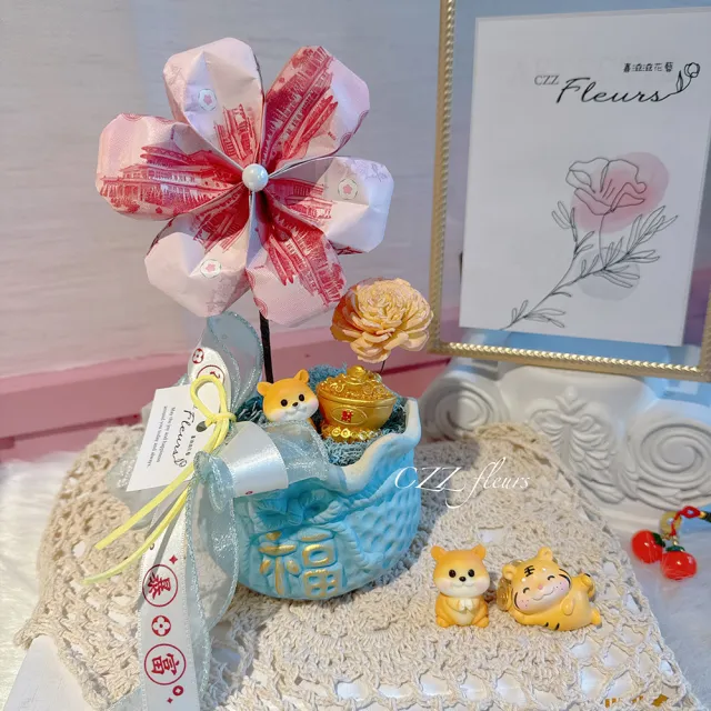 【喜滋滋花藝】暴富圓圓滿滿有錢花-櫻花粉-純製作費-真鈔另外轉帳(鈔票花/新春花禮/招財盆花/開幕賀禮)