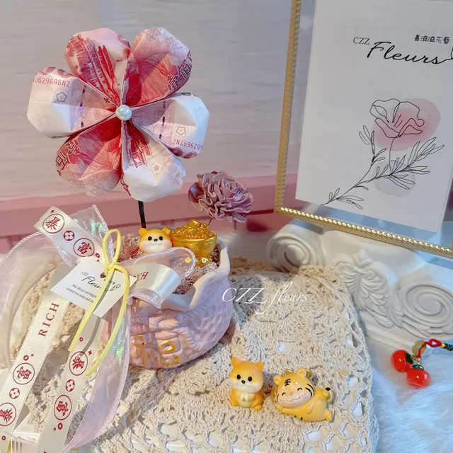 【喜滋滋花藝】暴富圓圓滿滿有錢花-櫻花粉-純製作費-真鈔另外轉帳(鈔票花/新春花禮/招財盆花/開幕賀禮)
