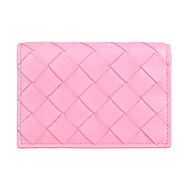 【BOTTEGA VENETA 寶緹嘉】BV BOTTEGA VENETA Intrecciato經典LOGO小編織設計小羊皮2卡釦式卡包(絲帶粉)
