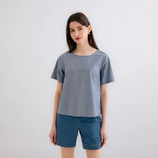 【Arnold Palmer 雨傘】女裝-經典AP刺繡棉麻短袖襯衫(藍灰色)