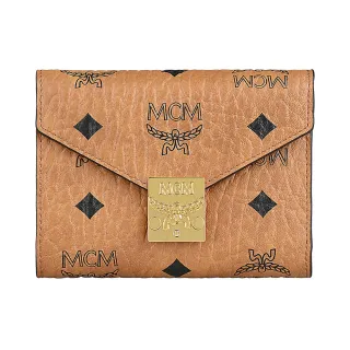 【MCM】MCM TRACY VISETOS方形雕刻標誌LOGO滿版印花荔枝紋設計牛皮6卡翻蓋扣式短夾(橘棕)