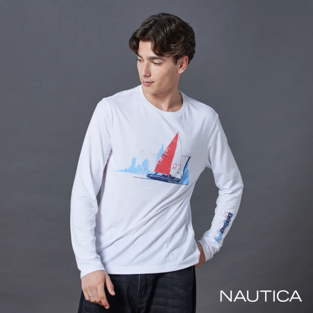 NAUTICA 官方旗艦 男裝 帆船圖騰印花長袖T恤(白色)