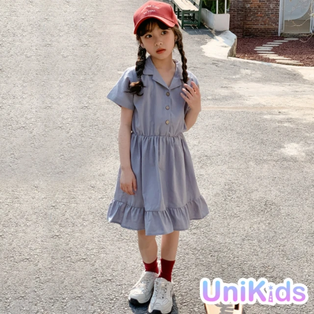 UniKids 現貨 中大童裝160碼短袖洋裝 韓版翻領率性收腰連身裙 女大童裝 VW23024(灰)