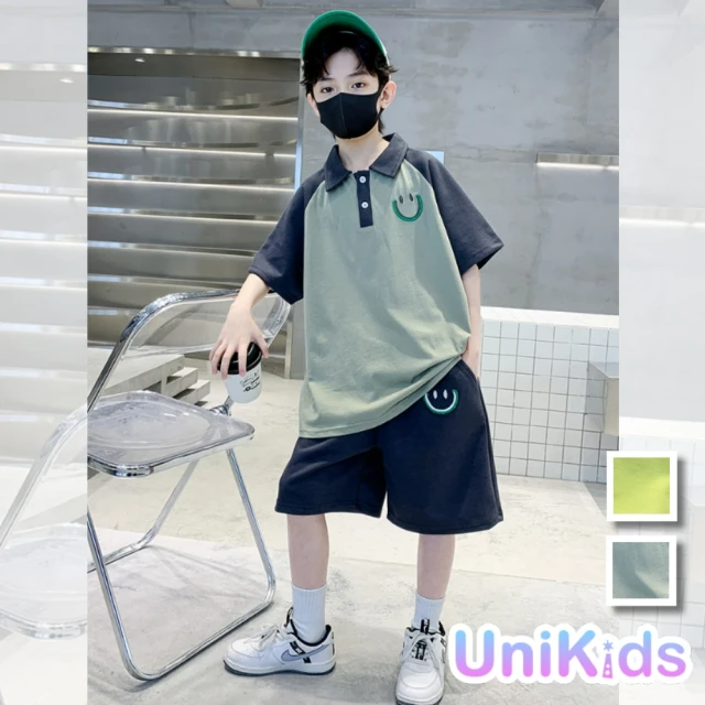 UniKids 現貨 中大童裝160碼2件套短袖POLO衫休閒五分褲 男大童裝 VP249226(草綠)