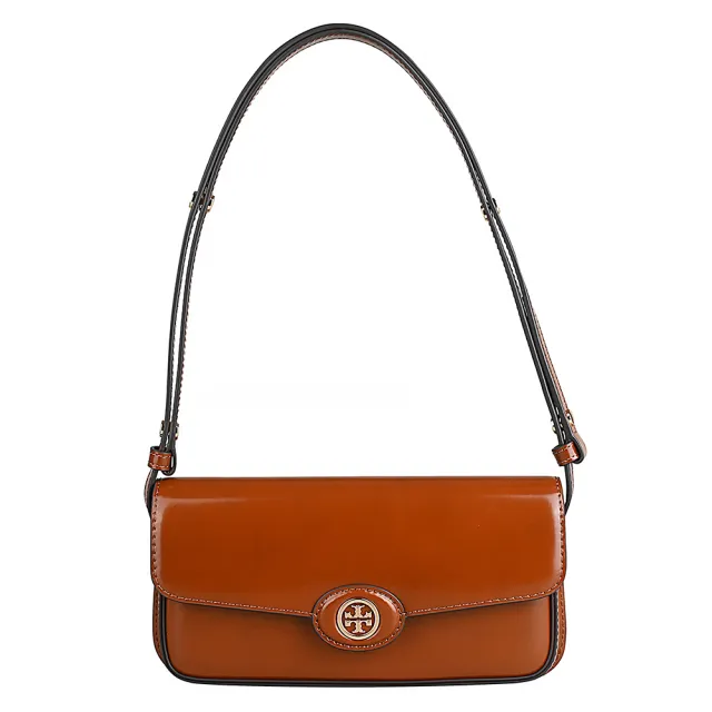 【TORY BURCH】TORY BURCH Robinson金色圓標標誌漆皮長方形肩背斜背包(褐)