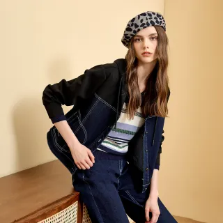 【ILEY 伊蕾】拼接連帽抽繩牛仔外套(藍；M-2L；1244488408)