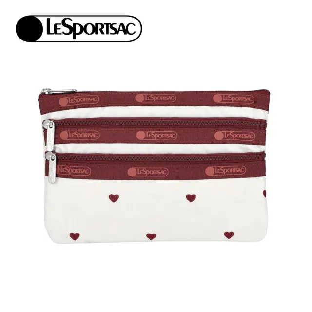 【Lesportsac】3-Zip Cosmetic 三層拉鍊化妝包 收納包 盥洗包 送禮 禮物 推薦 女包(莓果心刺繡)