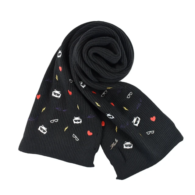KARL LAGERFELD 卡爾KARL LAGERFELD 卡爾 羅紋刺繡針織圍巾-黑色