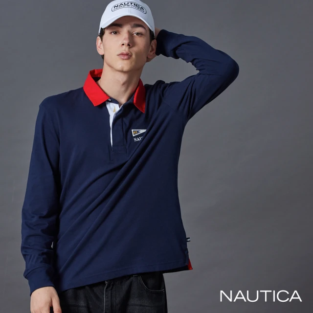 NAUTICA 官方旗艦 男裝 跳色領圍旗幟印花長袖POLO衫(藍色)