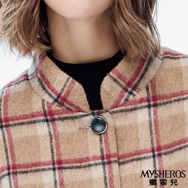 【MYSHEROS 蜜雪兒】羊毛造型外套 交疊喇叭寬袖 經典方格紋(駝)