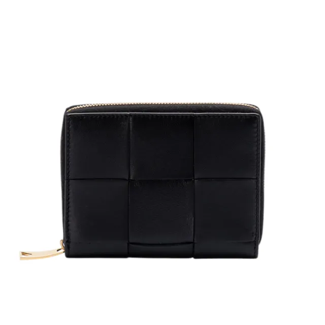 【BOTTEGA VENETA 寶緹嘉】Compact Cassette 大格編織 羊皮 拉鍊 卡夾 皮夾 短夾 黑色 681191