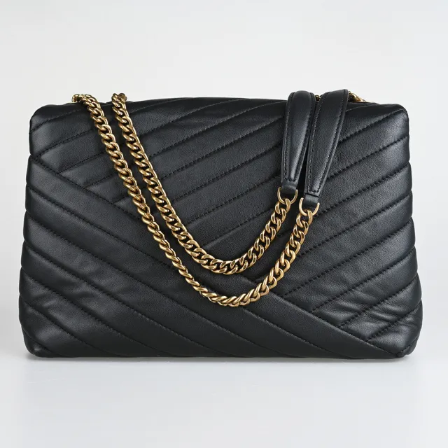 【TORY BURCH】TORY BURCH Kira 經典雙T標誌V型紋絎縫納帕皮革肩背斜背鍊帶包(黑)