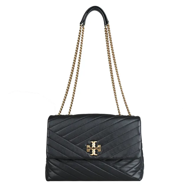 【TORY BURCH】TORY BURCH Kira 經典雙T標誌V型紋絎縫納帕皮革肩背斜背鍊帶包(黑)