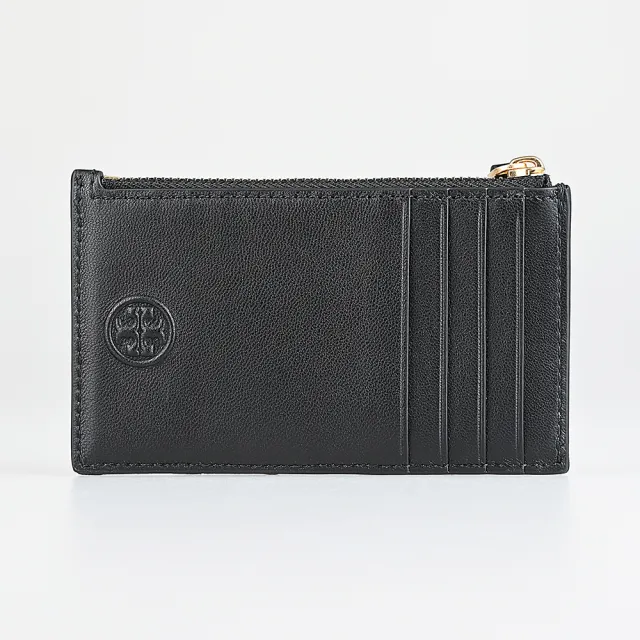【TORY BURCH】TORY BURCH Fleming背面浮雕LOGO小羊皮菱格設計4卡拉鍊零錢卡夾(黑)