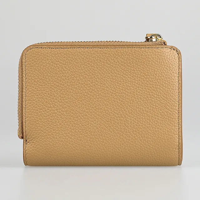 【TORY BURCH】TORY BURCH Mcgraw皮革雙T字LOGO荔枝紋小牛皮內外撞色設計6卡壓釦式拉鍊零錢短夾(棕)