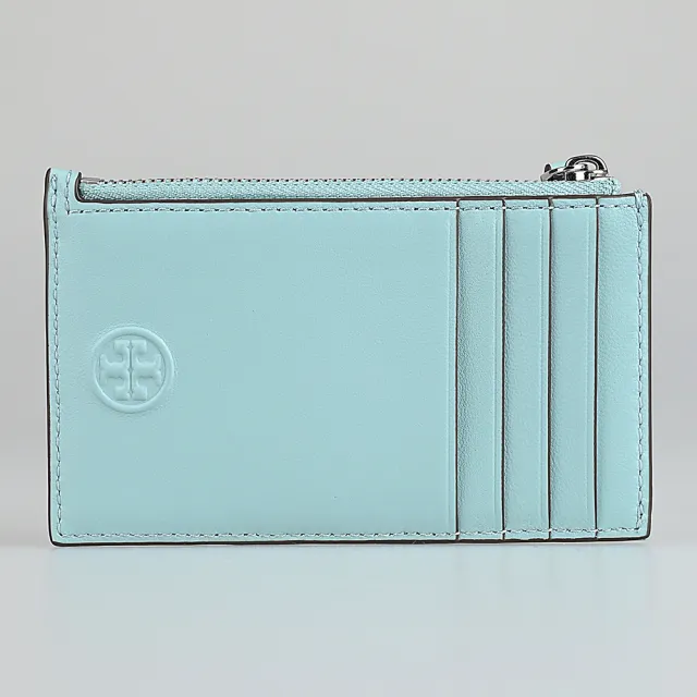 【TORY BURCH】TORY BURCH Fleming背面浮雕LOGO小羊皮菱格設計4卡拉鍊零錢卡夾(藍綠)