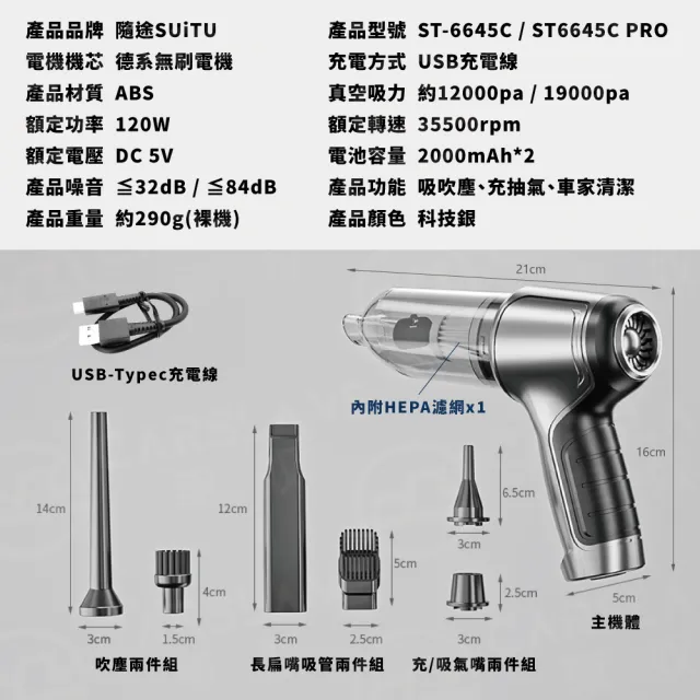 【SUiTU】無刷電機Pro頂級款 USB充電 強勁吸力款 車用吸塵器 ST-6645Pro 隨途(家車吹吸兩用 無線手持款)
