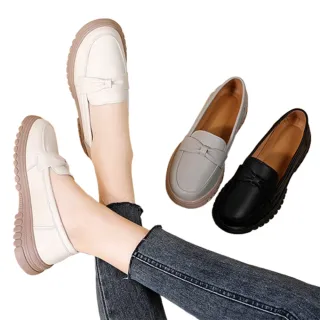 【Taroko】單色蝴蝶結一字樂福圓頭真牛皮豆豆鞋(3色可選)