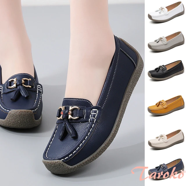 Taroko 英倫金屬一字坡跟防滑圓頭真牛皮豆豆鞋(3色可選