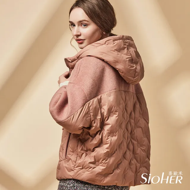 【SiOHER 熹歐禾】現貨 拼接羊毛羽絨連帽外套(秋冬/女外套/羽絨外套)
