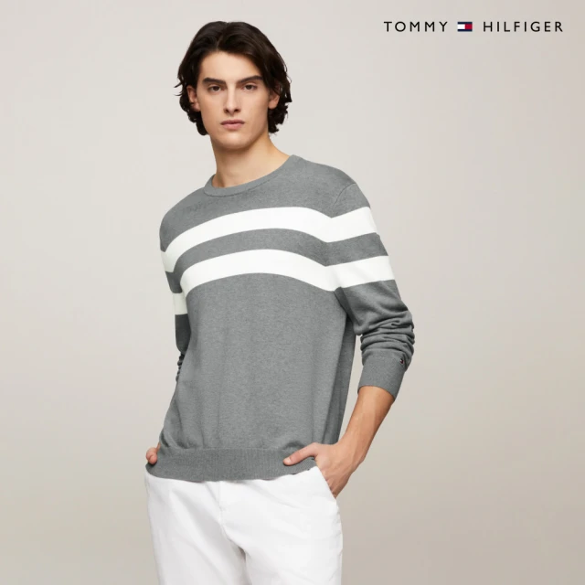 Tommy Hilfiger 官方旗艦館 條紋圓領針織毛衣_灰色