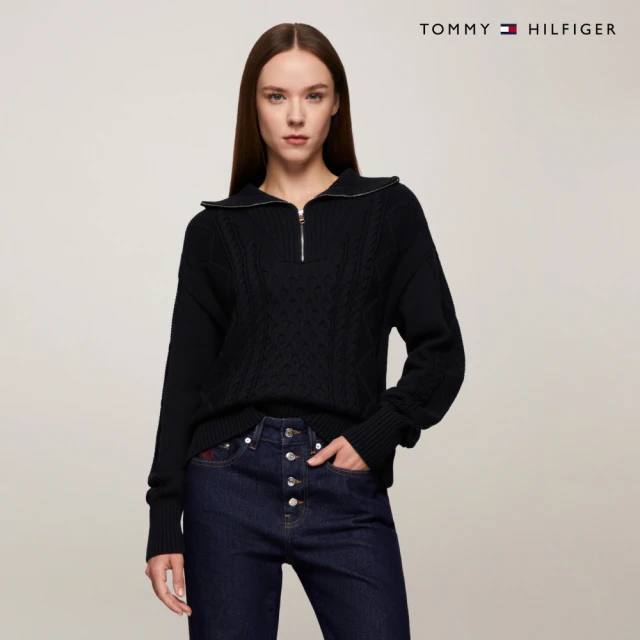 Tommy Hilfiger 官方旗艦館 漁夫風格絞花針織半拉鍊開襟毛衣_藍色