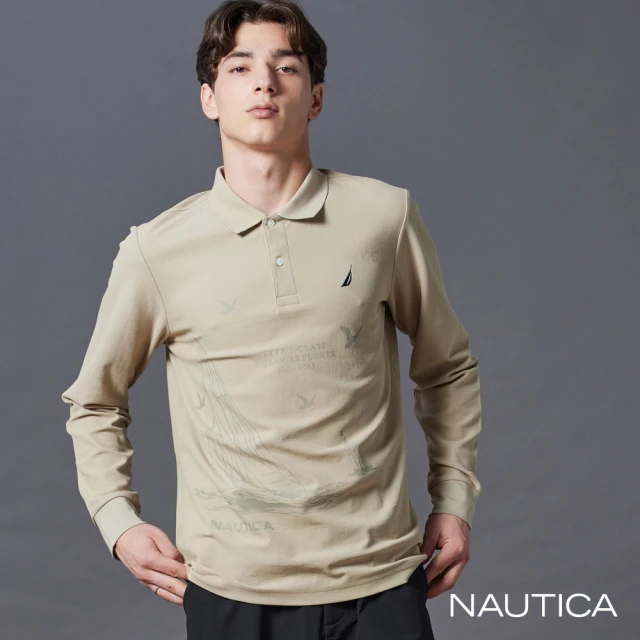 NAUTICA 官方旗艦 男裝 涼感帆船印花長袖POLO衫(卡其色)