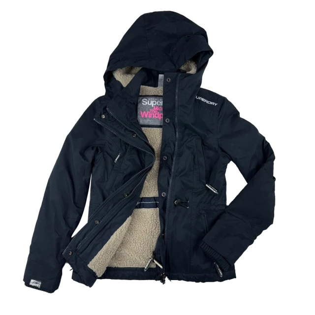 Superdry 搖粒絨 極細纖維 重磅 深藍/淡棕 極度乾燥 刷毛 連帽 外套 防風 女款 雙拉鍊(1348BM4)