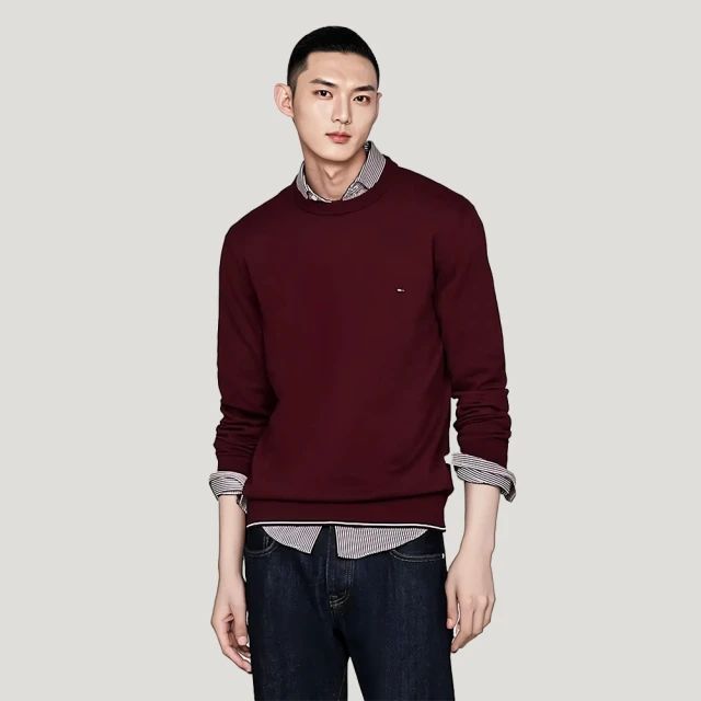 Tommy Hilfiger TOMMY 經典圓領Logo針織毛衣 上衣-酒紅色(平輸品/秋冬舒適)