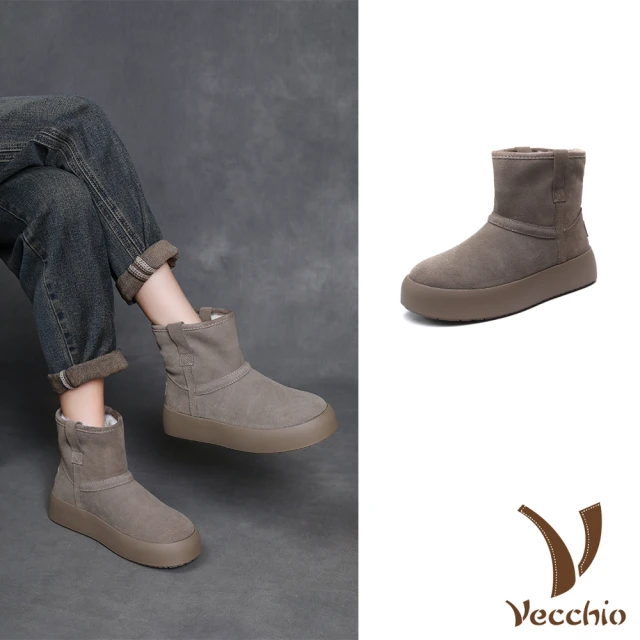 Vecchio 真皮雪靴 厚底雪靴/經典麂皮絨面復古拼接厚底