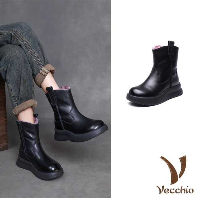 VecchioVecchio 真皮雪靴 短筒雪靴/真皮頭層牛皮保暖羊毛厚底經典短筒雪靴(黑)