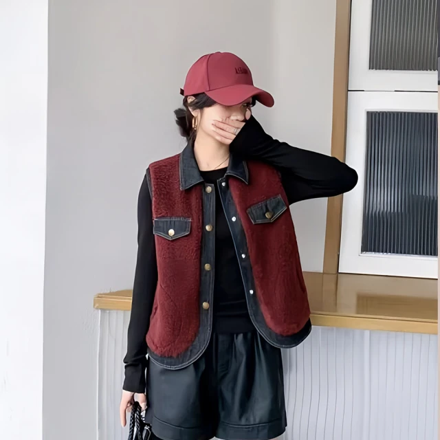 chai yan 采妍 連帽羊羔拉繩織標背心(秋冬新款上衣-