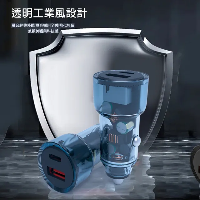 【KooPin】極速60W 雙孔PD+QC 工業風 車用充電器+雙頭Type-C 磁吸收納快充線(1A1C)