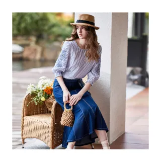 【en-suey 銀穗】剪接設計撞色壓線牛仔長展裙-女(丹寧)