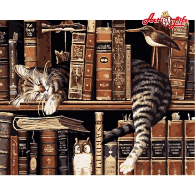 【ArtLife 藝術生活】89557書架上的貓40*50CM(數字油畫 DIY DIY數字油畫 交換禮物 畫畫玩具)