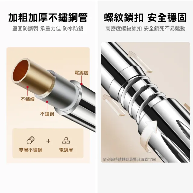 【新錸家居】第五代加長粗款免打孔多用途不鏽鋼伸縮桿90-160cm(萬用旋轉型吊衣曬衣桿/窗簾桿門簾桿浴簾桿) 