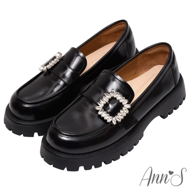 Ann’S 心動千金-柔軟羊皮真皮方鑽輕量厚底樂福鞋5cm(黑)