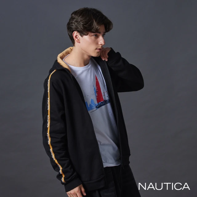 NAUTICA 官方旗艦 男裝 側邊撞色織帶連帽長袖外套(黑色)