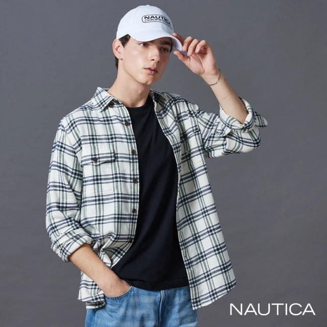 NAUTICA 官方旗艦 男裝 清新小格紋長袖襯衫(藍白色)