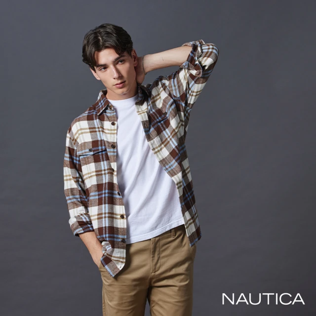 NAUTICA 官方旗艦 男裝 跳色格紋保暖長袖襯衫(咖啡色)