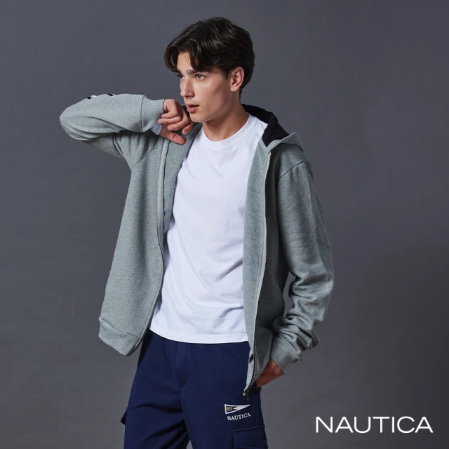 NAUTICA 官方旗艦 男裝 側邊撞色織帶連帽長袖外套(灰色)