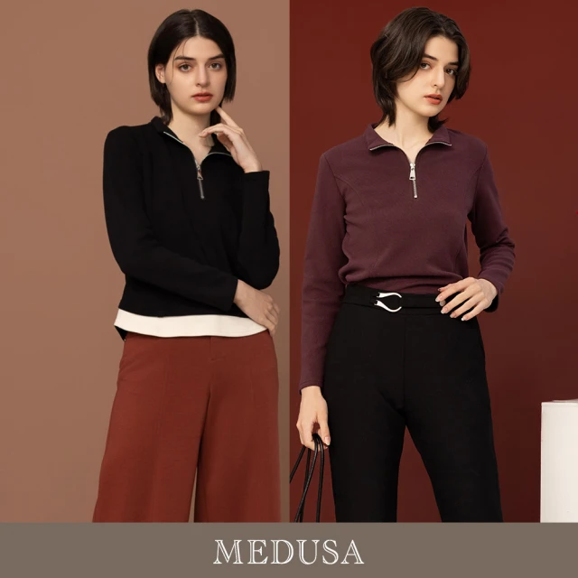 MEDUSA 曼度莎 現貨-小翻領假兩件下襬切接T恤 - 2色（M-XL）｜女T恤 女休閒上衣(501-12401)