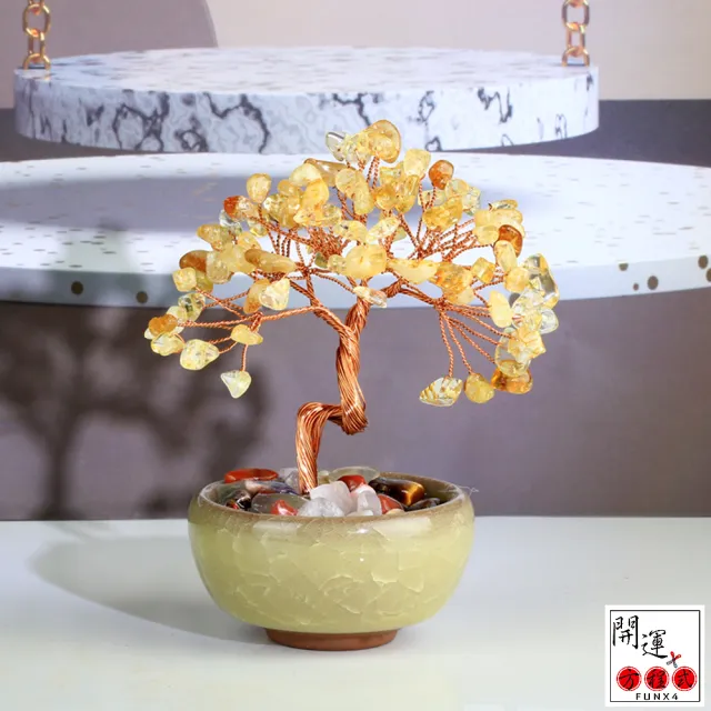 開運方程式】晶招財樹水晶簇花一入陶瓷聚寶盆(黃水晶粉晶發財樹/財位