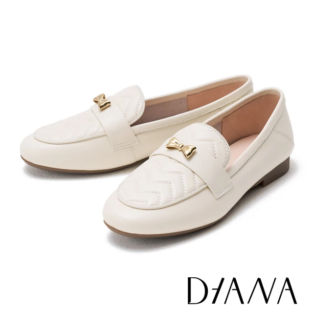 DIANA 造型蝴蝶結牛皮壓花平底鞋(米色)優惠推薦