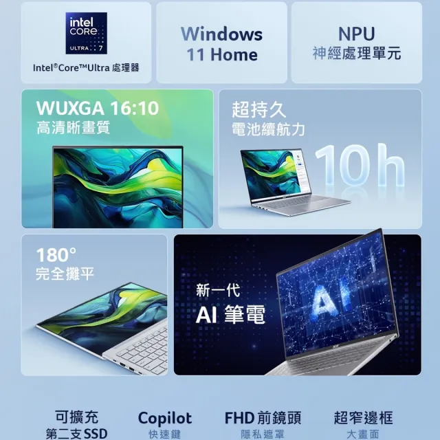 【Acer 宏碁】16吋Ultra 5 1190g極輕薄AI筆電(Swift Lite/SFL16-51M-5184/Ultra 5-115U/16G/512G/W11)