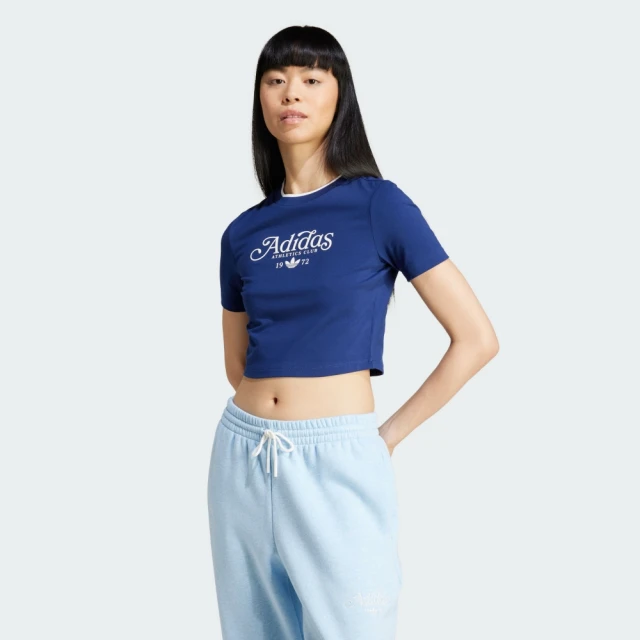 adidas 愛迪達 短袖上衣 女 運動 三葉草 BABY TEE GRX 藍 IX3544