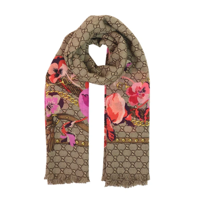 GUCCI 古馳 508797 經典GG LOGO方形真絲花卉披肩/絲巾(粉色)