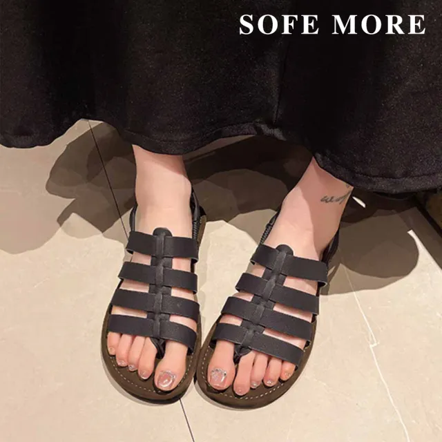 【SOFE MORE】超軟鞋底防滑羅馬涼鞋 彈性後跟調節 多條帶復古百搭夾腳拖鞋 防滑耐磨平底拖鞋(羅馬涼鞋)